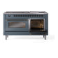 ILVE Nostalgie II 60-Inch Dual Fuel Range with 9 Sealed Burners + Griddle, 5.8 cu. ft. Oven, Blue Grey with Burnished Trim, Liquid Propane, Triple Glass Door, UP60FNMPBGBLP