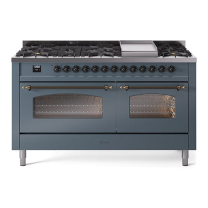 ILVE Nostalgie II 60-Inch Dual Fuel Range with 9 Sealed Burners + Griddle, 5.8 cu. ft. Oven, Blue Grey with Burnished Trim, Natural Gas, Triple Glass Door, UP60FNMPBGB