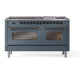 ILVE Nostalgie II 60-Inch Dual Fuel Range with 9 Sealed Burners + Griddle, 5.8 cu. ft. Oven, Blue Grey with Burnished Trim, Natural Gas, Triple Glass Door, UP60FNMPBGB