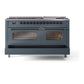 ILVE Nostalgie II 60-Inch Dual Fuel Range with 9 Sealed Burners + Griddle, 5.8 cu. ft. Oven, Blue Grey with Burnished Trim, Natural Gas, Triple Glass Door, UP60FNMPBGB