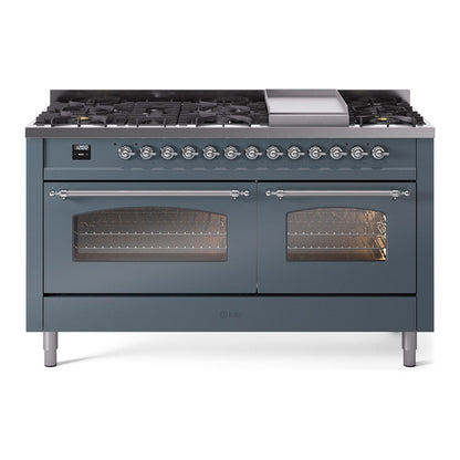 ILVE Nostalgie II 60-Inch Dual Fuel Range with 9 Sealed Burners + Griddle, 5.8 cu. ft. Oven, Blue Grey with Chrome Trim, Liquid Propane, Triple Glass Door, UP60FNMPBGCLP
