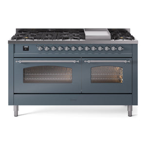 ILVE Nostalgie II 60-Inch Dual Fuel Range with 9 Sealed Burners + Griddle, 5.8 cu. ft. Oven, Blue Grey with Chrome Trim, Natural Gas, Triple Glass Door, UP60FNMPBGC