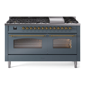 ILVE Nostalgie II 60-Inch Dual Fuel Range with 9 Sealed Burners + Griddle, 5.8 cu. ft. Oven, Blue Grey with Brass Trim, Natural Gas, Triple Glass Door, UP60FNMPBGG