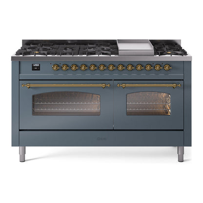 ILVE Nostalgie II 60-Inch Dual Fuel Range with 9 Sealed Burners + Griddle, 5.8 cu. ft. Oven, Blue Grey with Brass Trim, Natural Gas, Triple Glass Door, UP60FNMPBGG