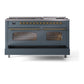 ILVE Nostalgie II 60-Inch Dual Fuel Range with 9 Sealed Burners + Griddle, 5.8 cu. ft. Oven, Blue Grey with Brass Trim, Natural Gas, Triple Glass Door, UP60FNMPBGG