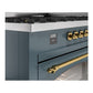 ILVE Nostalgie II 60-Inch Dual Fuel Range with 9 Sealed Burners + Griddle, 5.8 cu. ft. Oven, Blue Grey with Brass Trim, Natural Gas, Triple Glass Door, UP60FNMPBGG