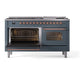 ILVE Nostalgie II 60-Inch Dual Fuel Range with 9 Sealed Burners + Griddle, 5.8 cu. ft. Oven, Blue Grey with Copper Trim, Liquid Propane, Triple Glass Door, UP60FNMPBGPLP