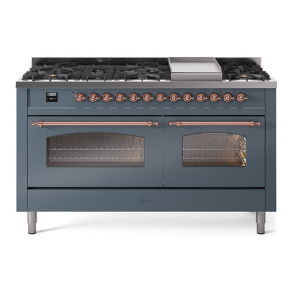 ILVE Nostalgie II 60-Inch Dual Fuel Range with 9 Sealed Burners + Griddle, 5.8 cu. ft. Oven, Blue Grey with Copper Trim, Natural Gas, Triple Glass Door, UP60FNMPBGP