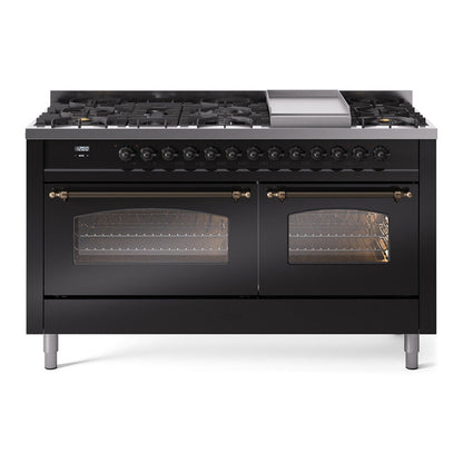ILVE Nostalgie II 60-Inch Dual Fuel Range with 9 Sealed Burners + Griddle, 5.8 cu. ft. Oven, Glossy Black with Burnished Trim, Natural Gas, Triple Glass Door, UP60FNMPBKB