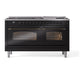 ILVE Nostalgie II 60-Inch Dual Fuel Range with 9 Sealed Burners + Griddle, 5.8 cu. ft. Oven, Glossy Black with Burnished Trim, Natural Gas, Triple Glass Door, UP60FNMPBKB