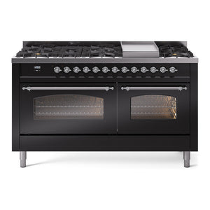 ILVE Nostalgie II 60-Inch Dual Fuel Range with 9 Sealed Burners + Griddle, 5.8 cu. ft. Oven, Glossy Black with Chrome Trim, Liquid Propane, Triple Glass Door, UP60FNMPBKCLP