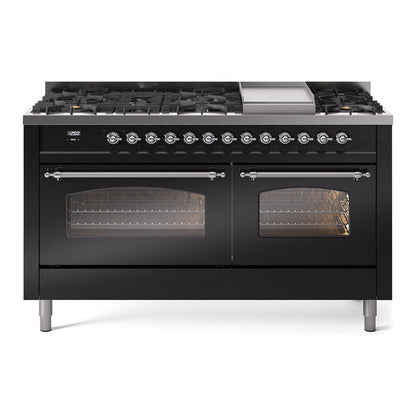 ILVE Nostalgie II 60-Inch Dual Fuel Range with 9 Sealed Burners + Griddle, 5.8 cu. ft. Oven, Glossy Black with Chrome Trim, Liquid Propane, Triple Glass Door, UP60FNMPBKCLP