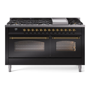 ILVE Nostalgie II 60-Inch Dual Fuel Range with 9 Sealed Burners + Griddle, 5.8 cu. ft. Oven, Glossy Black with Brass Trim, Liquid Propane, Triple Glass Door, UP60FNMPBKGLP