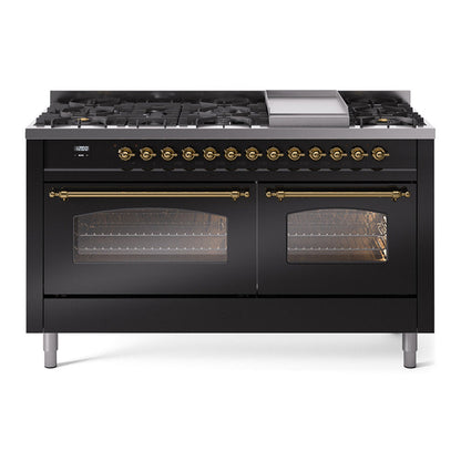 ILVE Nostalgie II 60-Inch Dual Fuel Range with 9 Sealed Burners + Griddle, 5.8 cu. ft. Oven, Glossy Black with Brass Trim, Liquid Propane, Triple Glass Door, UP60FNMPBKGLP