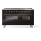 ILVE Nostalgie II 60-Inch Dual Fuel Range with 9 Sealed Burners + Griddle, 5.8 cu. ft. Oven, Glossy Black with Brass Trim, Liquid Propane, Triple Glass Door, UP60FNMPBKGLP