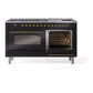 ILVE Nostalgie II 60-Inch Dual Fuel Range with 9 Sealed Burners + Griddle, 5.8 cu. ft. Oven, Glossy Black with Brass Trim, Natural Gas, Triple Glass Door, UP60FNMPBKG