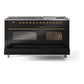 ILVE Nostalgie II 60-Inch Dual Fuel Range with 9 Sealed Burners + Griddle, 5.8 cu. ft. Oven, Glossy Black with Brass Trim, Natural Gas, Triple Glass Door, UP60FNMPBKG