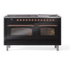 ILVE Nostalgie II 60-Inch Dual Fuel Range with 9 Sealed Burners + Griddle, 5.8 cu. ft. Oven, Glossy Black with Copper Trim, Liquid Propane, Triple Glass Door, UP60FNMPBKPLP
