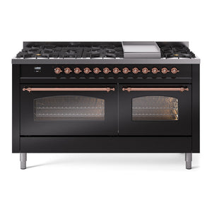 ILVE Nostalgie II 60-Inch Dual Fuel Range with 9 Sealed Burners + Griddle, 5.8 cu. ft. Oven, Glossy Black with Copper Trim, Natural Gas, Triple Glass Door, UP60FNMPBKP