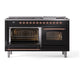 ILVE Nostalgie II 60-Inch Dual Fuel Range with 9 Sealed Burners + Griddle, 5.8 cu. ft. Oven, Glossy Black with Copper Trim, Natural Gas, Triple Glass Door, UP60FNMPBKP