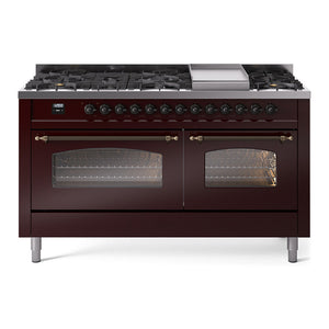ILVE Nostalgie II 60-Inch Dual Fuel Range with 9 Sealed Burners + Griddle, 5.8 cu. ft. Oven, Burgundy with Burnished Trim, Liquid Propane, Triple Glass Door, UP60FNMPBUBLP
