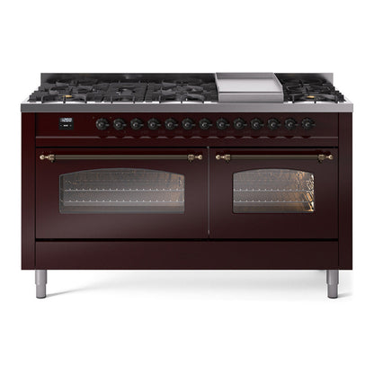 ILVE Nostalgie II 60-Inch Dual Fuel Range with 9 Sealed Burners + Griddle, 5.8 cu. ft. Oven, Burgundy with Burnished Trim, Liquid Propane, Triple Glass Door, UP60FNMPBUBLP