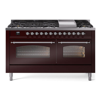 ILVE Nostalgie II 60-Inch Dual Fuel Range with 9 Sealed Burners + Griddle, 5.8 cu. ft. Oven, Burgundy with Chrome Trim, Natural Gas, Triple Glass Door, UP60FNMPBUC