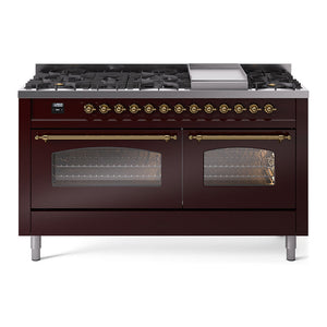 ILVE Nostalgie II 60-Inch Dual Fuel Range with 9 Sealed Burners + Griddle, 5.8 cu. ft. Oven, Burgundy with Brass Trim, Liquid Propane, Triple Glass Door, UP60FNMPBUGLP