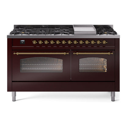 ILVE Nostalgie II 60-Inch Dual Fuel Range with 9 Sealed Burners + Griddle, 5.8 cu. ft. Oven, Burgundy with Brass Trim, Liquid Propane, Triple Glass Door, UP60FNMPBUGLP