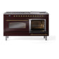 ILVE Nostalgie II 60-Inch Dual Fuel Range with 9 Sealed Burners + Griddle, 5.8 cu. ft. Oven, Burgundy with Brass Trim, Natural Gas, Triple Glass Door, UP60FNMPBUG