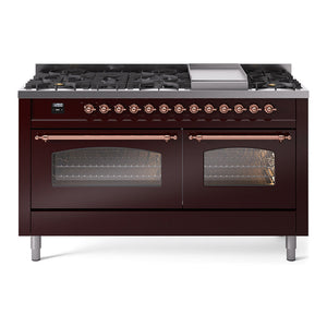 ILVE Nostalgie II 60-Inch Dual Fuel Range with 9 Sealed Burners + Griddle, 5.8 cu. ft. Oven, Burgundy with Copper Trim, Liquid Propane, Triple Glass Door, UP60FNMPBUPLP