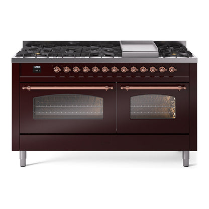 ILVE Nostalgie II 60-Inch Dual Fuel Range with 9 Sealed Burners + Griddle, 5.8 cu. ft. Oven, Burgundy with Copper Trim, Liquid Propane, Triple Glass Door, UP60FNMPBUPLP