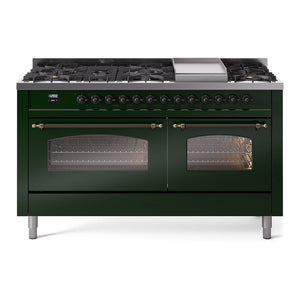 ILVE Nostalgie II 60-Inch Dual Fuel Range with 9 Sealed Burners + Griddle, 5.8 cu. ft. Oven, Emerald Green with Burnished Trim, Liquid Propane, Triple Glass Door, UP60FNMPEGBLP