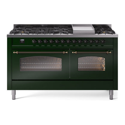 ILVE Nostalgie II 60-Inch Dual Fuel Range with 9 Sealed Burners + Griddle, 5.8 cu. ft. Oven, Emerald Green with Burnished Trim, Natural Gas, Triple Glass Door, UP60FNMPEGB