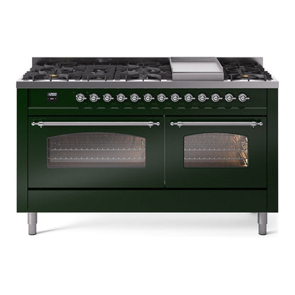 ILVE Nostalgie II 60-Inch Dual Fuel Range with 9 Sealed Burners + Griddle, 5.8 cu. ft. Oven, Emerald Green with Chrome Trim, Liquid Propane, Triple Glass Door, UP60FNMPEGCLP