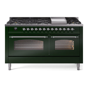 ILVE Nostalgie II 60-Inch Dual Fuel Range with 9 Sealed Burners + Griddle, 5.8 cu. ft. Oven, Emerald Green with Chrome Trim, Natural Gas, Triple Glass Door, UP60FNMPEGC