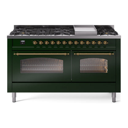 ILVE Nostalgie II 60-Inch Dual Fuel Range with 9 Sealed Burners + Griddle, 5.8 cu. ft. Oven, Emerald Green with Brass Trim, Liquid Propane, Triple Glass Door, UP60FNMPEGGLP