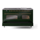 ILVE Nostalgie II 60-Inch Dual Fuel Range with 9 Sealed Burners + Griddle, 5.8 cu. ft. Oven, Emerald Green with Brass Trim, Liquid Propane, Triple Glass Door, UP60FNMPEGGLP