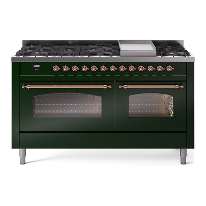ILVE Nostalgie II 60-Inch Dual Fuel Range with 9 Sealed Burners + Griddle, 5.8 cu. ft. Oven, Emerald Green with Copper Trim, Liquid Propane, Triple Glass Door, UP60FNMPEGPLP