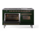 ILVE Nostalgie II 60-Inch Dual Fuel Range with 9 Sealed Burners + Griddle, 5.8 cu. ft. Oven, Emerald Green with Copper Trim, Liquid Propane, Triple Glass Door, UP60FNMPEGPLP