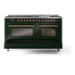 ILVE Nostalgie II 60-Inch Dual Fuel Range with 9 Sealed Burners + Griddle, 5.8 cu. ft. Oven, Emerald Green with Copper Trim, Natural Gas, Triple Glass Door, UP60FNMPEGP
