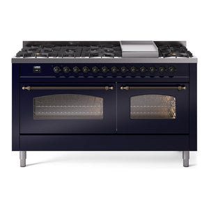 ILVE Nostalgie II 60-Inch Dual Fuel Range with 9 Sealed Burners + Griddle, 5.8 cu. ft. Oven, Midnight Blue with Burnished Trim, Liquid Propane, Triple Glass Door, UP60FNMPMBBLP