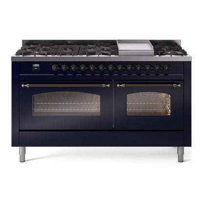 ILVE Nostalgie II 60-Inch Dual Fuel Range with 9 Sealed Burners + Griddle, 5.8 cu. ft. Oven, Midnight Blue with Burnished Trim, Liquid Propane, Triple Glass Door, UP60FNMPMBBLP