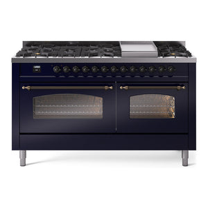 ILVE Nostalgie II 60-Inch Dual Fuel Range with 9 Sealed Burners + Griddle, 5.8 cu. ft. Oven, Midnight Blue with Burnished Trim, Natural Gas, Triple Glass Door, UP60FNMPMBB