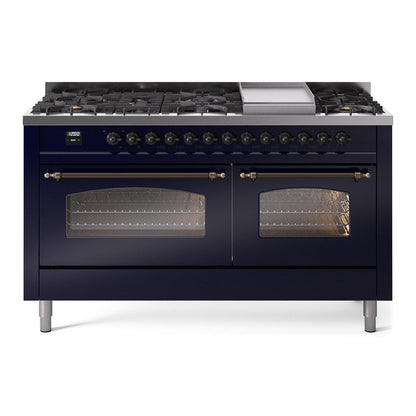 ILVE Nostalgie II 60-Inch Dual Fuel Range with 9 Sealed Burners + Griddle, 5.8 cu. ft. Oven, Midnight Blue with Burnished Trim, Natural Gas, Triple Glass Door, UP60FNMPMBB