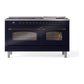 ILVE Nostalgie II 60-Inch Dual Fuel Range with 9 Sealed Burners + Griddle, 5.8 cu. ft. Oven, Midnight Blue with Burnished Trim, Natural Gas, Triple Glass Door, UP60FNMPMBB