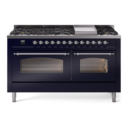 ILVE Nostalgie II 60-Inch Dual Fuel Range with 9 Sealed Burners + Griddle, 5.8 cu. ft. Oven, Midnight Blue with Chrome Trim, Liquid Propane, Triple Glass Door, UP60FNMPMBCLP