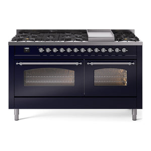 ILVE Nostalgie II 60-Inch Dual Fuel Range with 9 Sealed Burners + Griddle, 5.8 cu. ft. Oven, Midnight Blue with Chrome Trim, Natural Gas, Triple Glass Door, UP60FNMPMBC