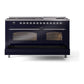 ILVE Nostalgie II 60-Inch Dual Fuel Range with 9 Sealed Burners + Griddle, 5.8 cu. ft. Oven, Midnight Blue with Chrome Trim, Natural Gas, Triple Glass Door, UP60FNMPMBC