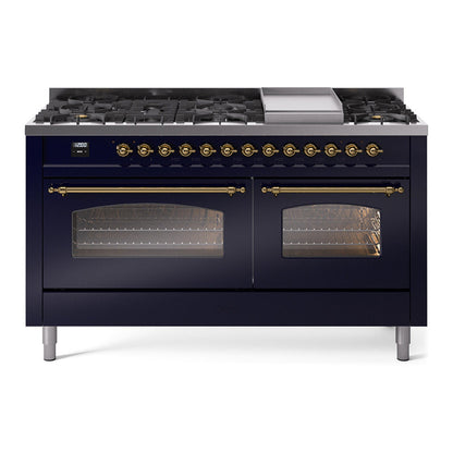 ILVE Nostalgie II 60-Inch Dual Fuel Range with 9 Sealed Burners + Griddle, 5.8 cu. ft. Oven, Midnight Blue with Brass Trim, Liquid Propane, Triple Glass Door, UP60FNMPMBGLP